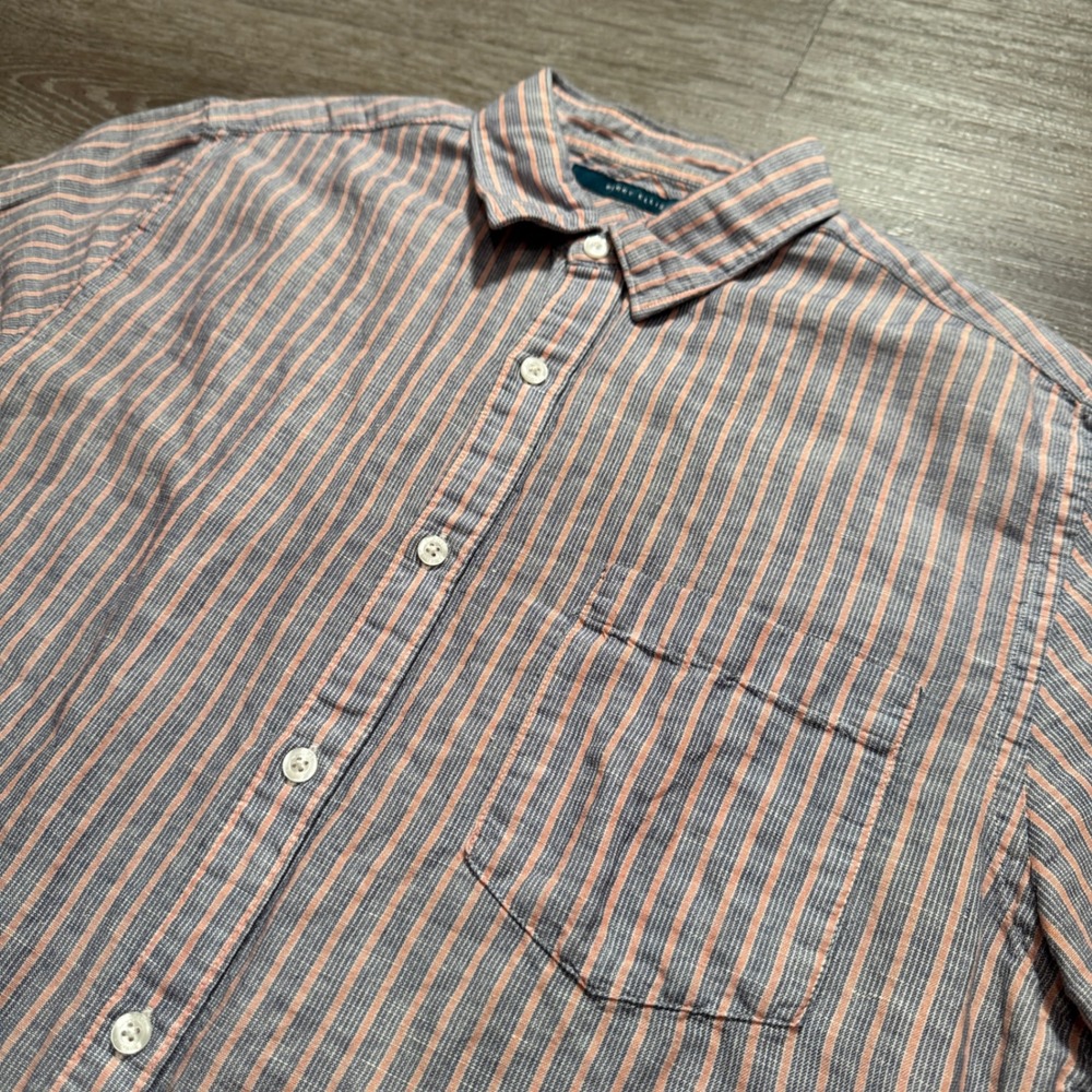 Perry Ellis Shirt Men M Blue Linen Cotton Striped Summer Vacation Coastal Preppy